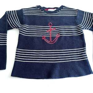 Patachou Boys Navy Nautical Striped Cotton Sweater Size 8 Designer Knit Top EUC!